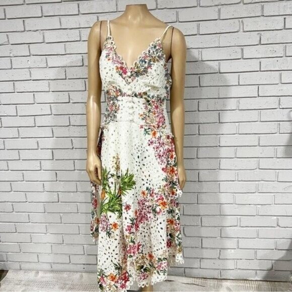 FARM Rio “Delicate Forest Scarves” Eyelet Midi Dress • Rare Print • Size M - Picture 8 of 12